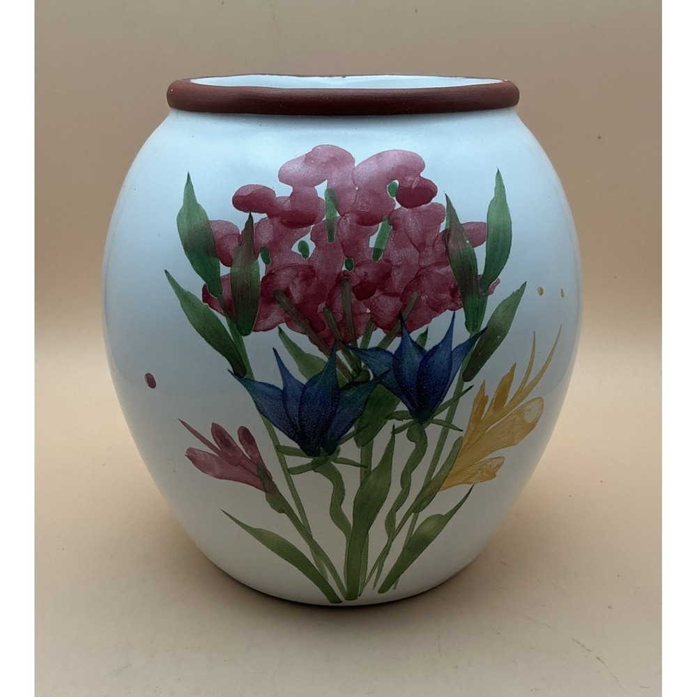 Vintageβ Emerson Creek Pottery Vase Hand Painted Floral Blue Red Clay Bedford VA